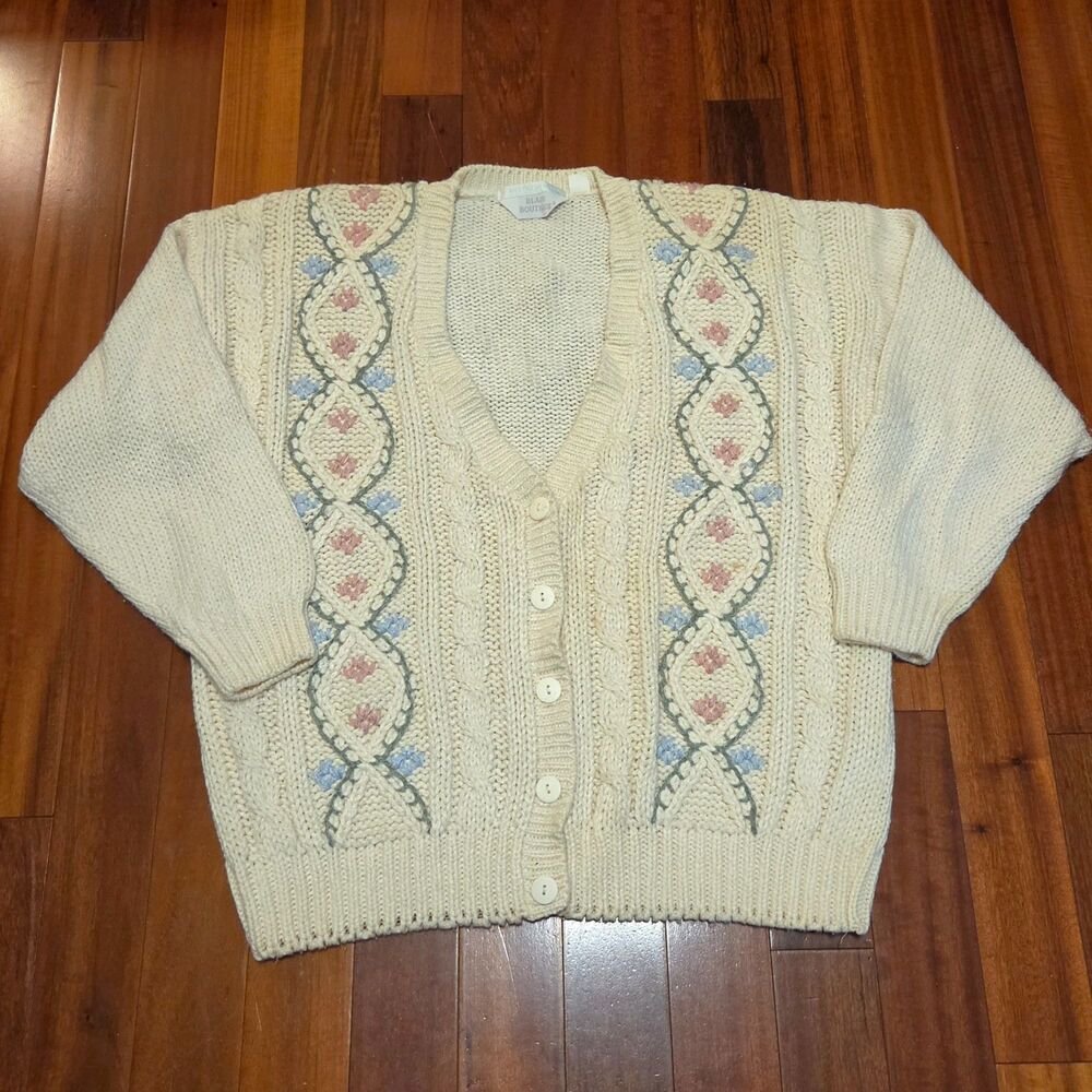 Vintage 80s 90s Cream Grannycore Hand Knit Sweater Cardigan Button Front Floral